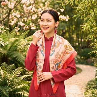 Silk scarf -Auspicious Horse Frolicking Among Plum Blossoms - orange border - 90x90 cm